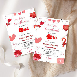 Rosa och rött hjärta Valentine Twin Första födelse Inbjudningar