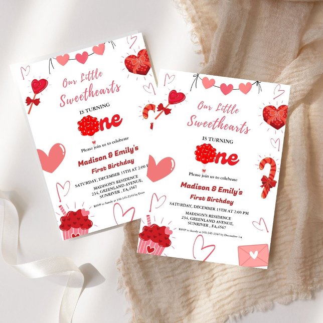 Rosa och rött hjärta Valentine Twin Första födelse Inbjudningar (Skapare uppladdad)