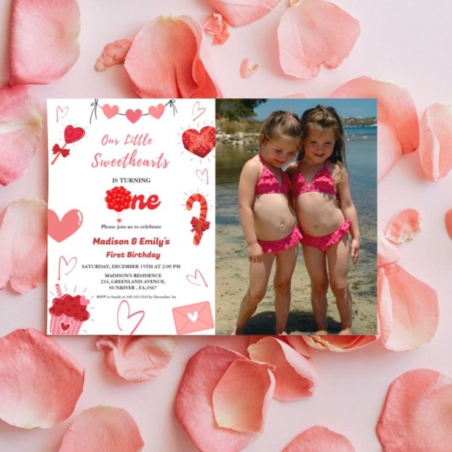 Rosa och rött hjärta Valentine Twin Första födelse Inbjudningar (Skapare uppladdad)