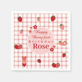 Rosa och rött jordgubbe första födelsedag Napkin Pappersservett