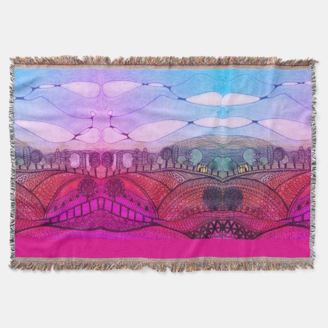 Rosa och rött udda konsthilandskap Throw Blanket Filt (Framsidan)