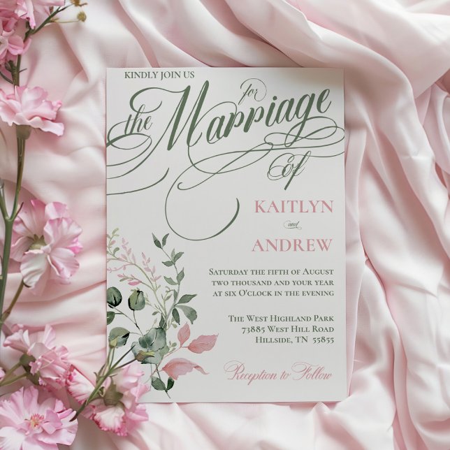 Rosa och Sage Blommigt Elegant Bröllop Inbjudningar (Pink and sage elegant typography floral wedding invitations)