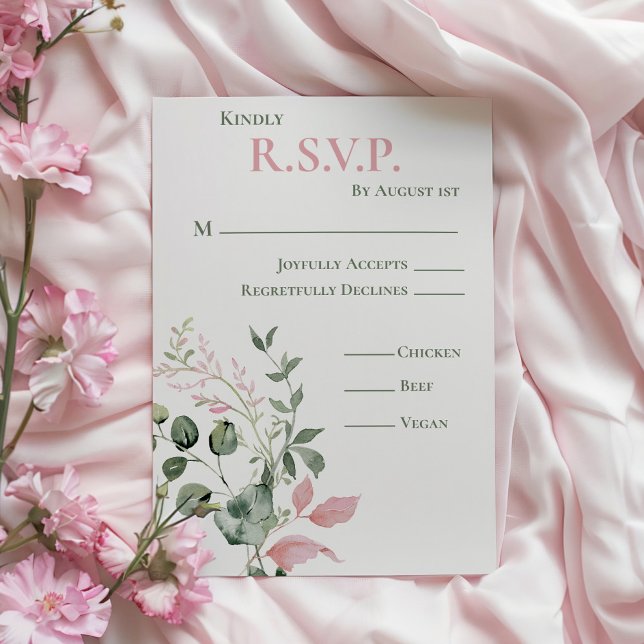 Rosa och Sage Blommigt Elegant Bröllop OSA Kort (Pink and Sage Floral Script Elegant Wedding Invitation RSVP)