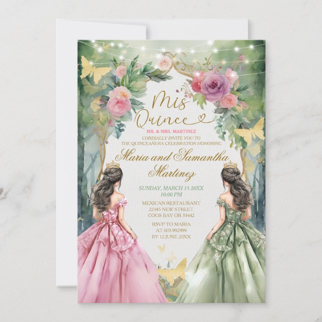 Rosa och Sage Grönt Twin Royal Princess Mis Quince Inbjudningar (Framsida)
