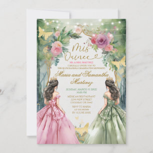 Rosa och Sage Grönt Twin Royal Princess Mis Quince Inbjudningar