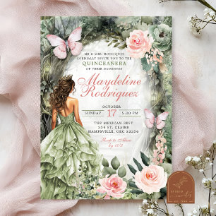 Rosa och Sage Grönt Viktigt skog Quinceanera Inbjudningar