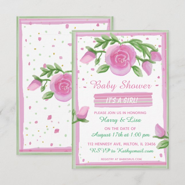 Rosa och Sage Watercolor Ro Girl Baby Shower Inbjudningar (Fram/baksida)