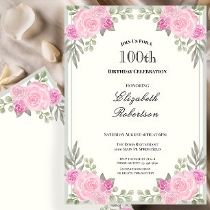 Rosa och Sagegröna Blommor 100-årsfirande Inbjudningar