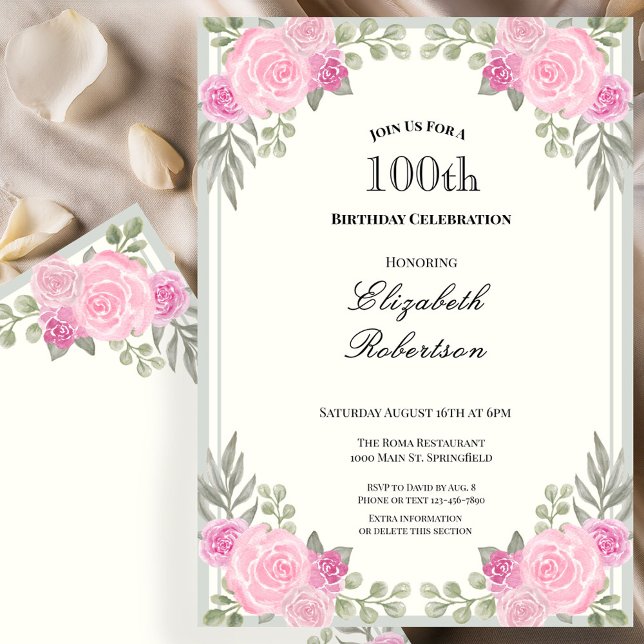 Rosa och Sagegröna Blommor 100-årsfirande Inbjudningar (Skapare uppladdad)