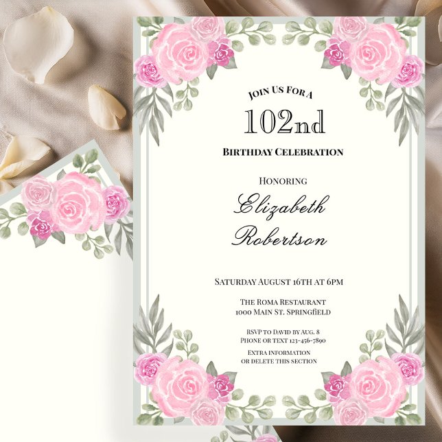 Rosa och Sagegröna Blommor 102-årsdag Inbjudningar (Skapare uppladdad)