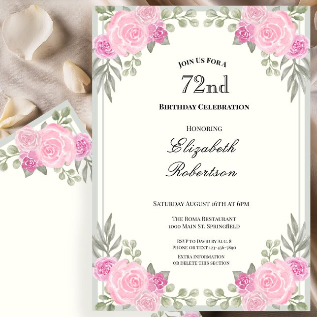 Rosa och Sagegröna Blommor 72-årsdag Inbjudningar (Skapare uppladdad)