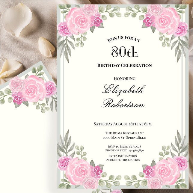 Rosa och Sagegröna Blommor 80-årsdag Inbjudningar (Skapare uppladdad)
