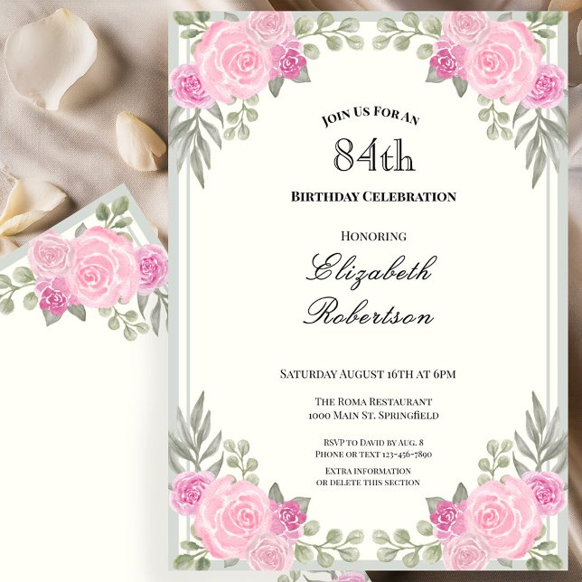 Rosa och Sagegröna Blommor 84-årsdag Inbjudningar (Skapare uppladdad)