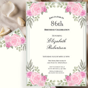 Rosa och Sagegröna Blommor 86-årsdag Inbjudningar