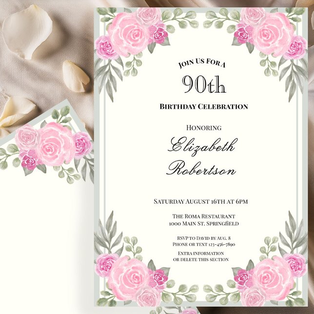Rosa och Sagegröna Blommor 90-årsfirande Inbjudningar (Skapare uppladdad)