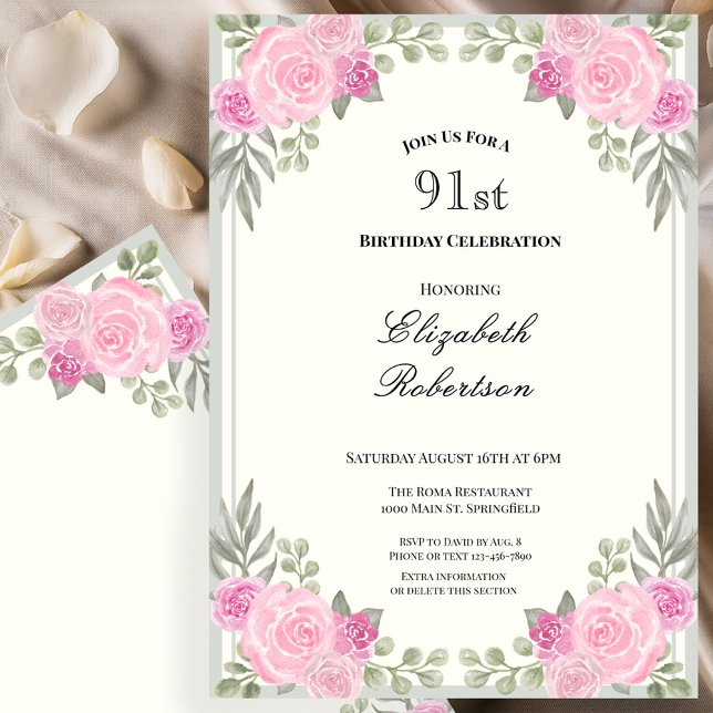 Rosa och Sagegröna Blommor 91-årsdag Inbjudningar (Skapare uppladdad)