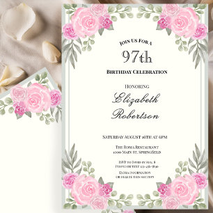 Rosa och Sagegröna Blommor 97-årsdag Inbjudningar