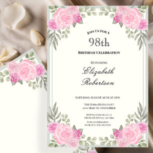 Rosa och Sagegröna Blommor 98-årsdag Inbjudningar