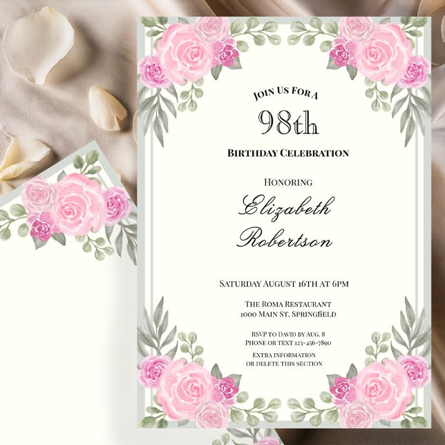 Rosa och Sagegröna Blommor 98-årsdag Inbjudningar (Skapare uppladdad)