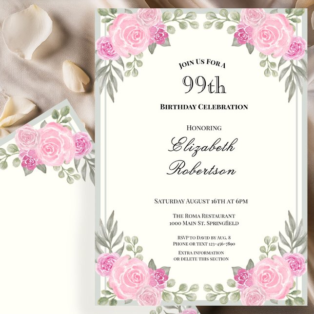 Rosa och Sagegröna Blommor 99-årsdag Inbjudningar (Skapare uppladdad)