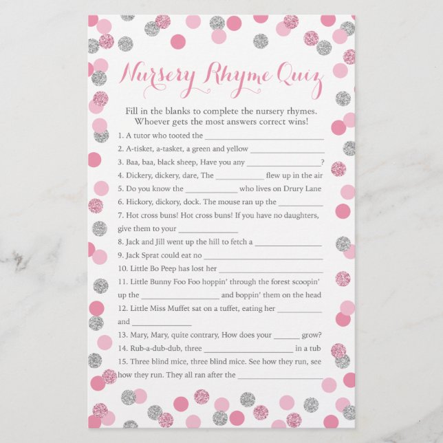 Rosa och Silver Baby Shower Nursery Rhyme Quiz (Framsida)
