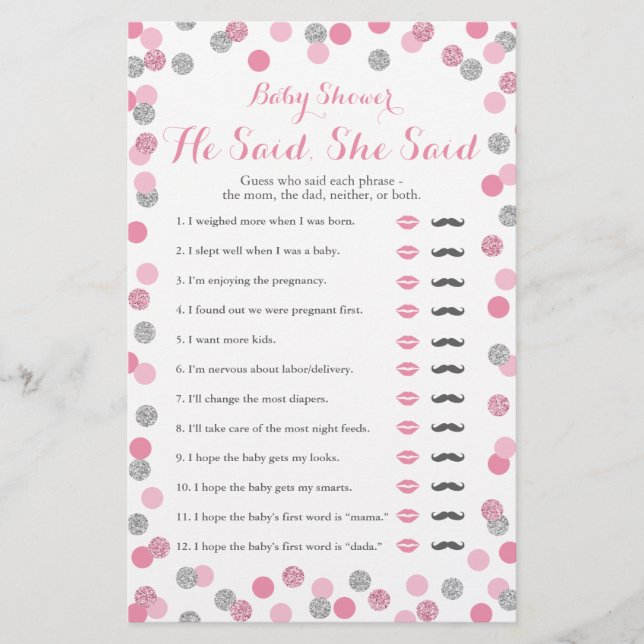 Rosa och Silver Baby Shower sa att hon sa att spel (Framsida)