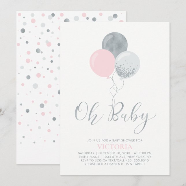 Rosa och Silver-ballonger | Oh Flicka Baby Shower Inbjudningar (Fram/baksida)