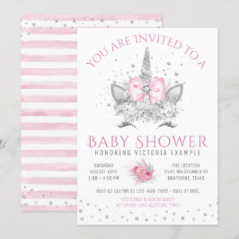 Rosa och silver diamant enhörning baby shower inbjudningar