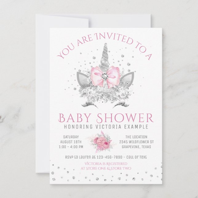 Rosa och silver diamant enhörning baby shower inbjudningar (Framsida)