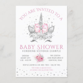 Rosa och silver diamant enhörning baby shower inbjudningar