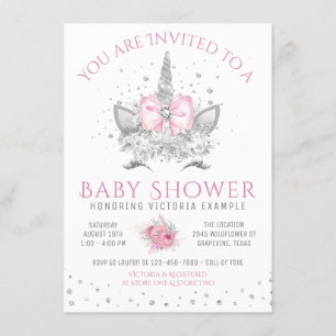 Rosa och silver diamant enhörning baby shower inbjudningar