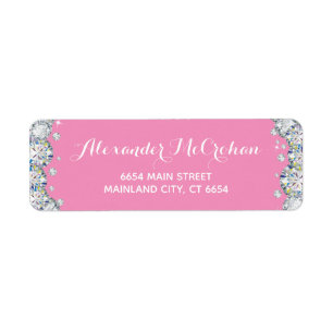 Rosa och Silver Diamond Glitter Returadress Etikett
