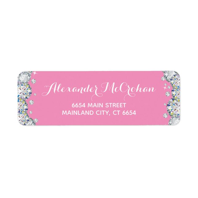 Rosa och Silver Diamond Glitter Returadress Etikett (Framsidan)