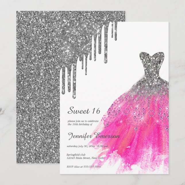 Rosa och silver Dress Glitter Drives Sweet sixteen Inbjudningar (Fram/baksida)