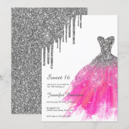 Rosa och silver Dress Glitter Drives Sweet sixteen Inbjudningar