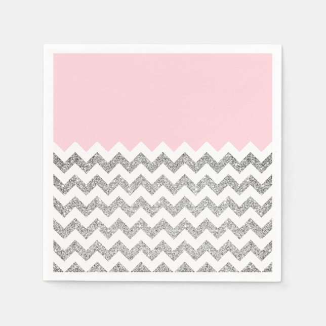Rosa och Silver Faux Glitter Chevron Pappersservett (Framsidan)