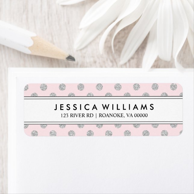 Rosa och Silver Faux Glitter Dots Personlig Returadress Etikett (Insitu)