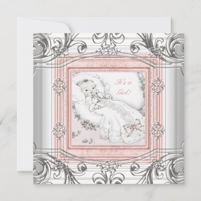 Rosa och Silver Flicka Shower Inbjudningar (Framsida)