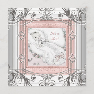 Rosa och Silver Flicka Shower Inbjudningar