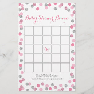 Rosa och Silver Glitter Baby Shower Bingo Game Flygblad