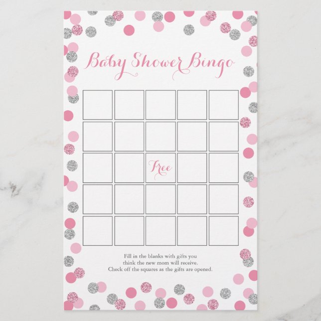 Rosa och Silver Glitter Baby Shower Bingo Game Flygblad (Framsidan)