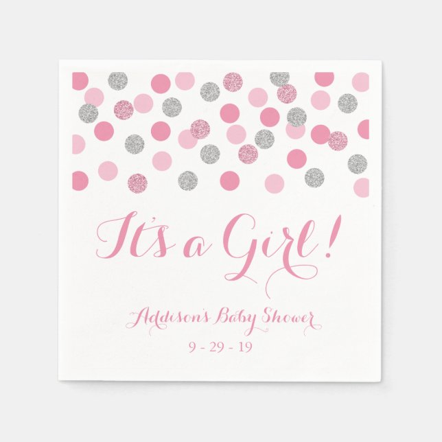 Rosa och Silver Glitter Baby Shower Napkins Pappersservett (Framsidan)