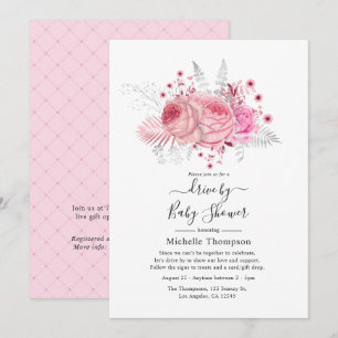 Rosa och Silver Glitter Blommigt Drive by Shower Inbjudningar