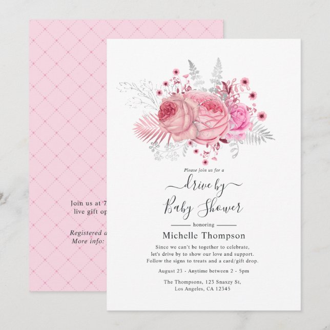 Rosa och silver glitter blomster Drive By Shower Inbjudningar (Fram/baksida)