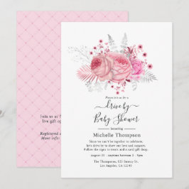 Rosa och silver glitter blomster Drive By Shower Inbjudningar