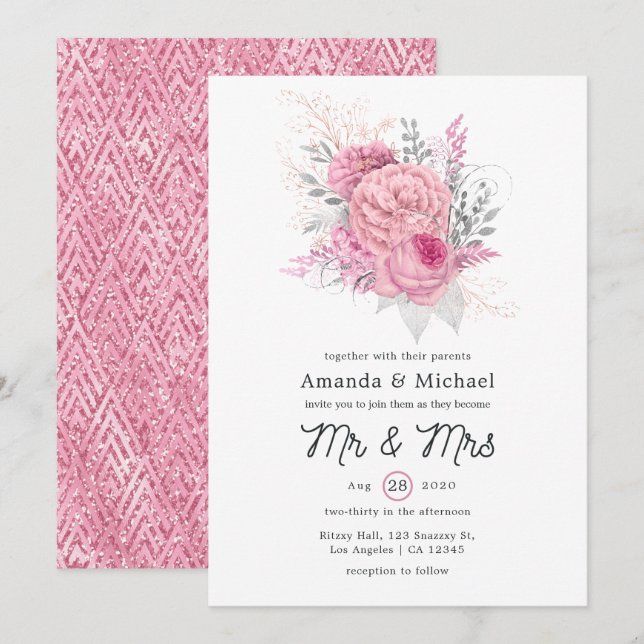 Rosa och silver glitter geometriskt blommande bröl inbjudningar (Fram/baksida)