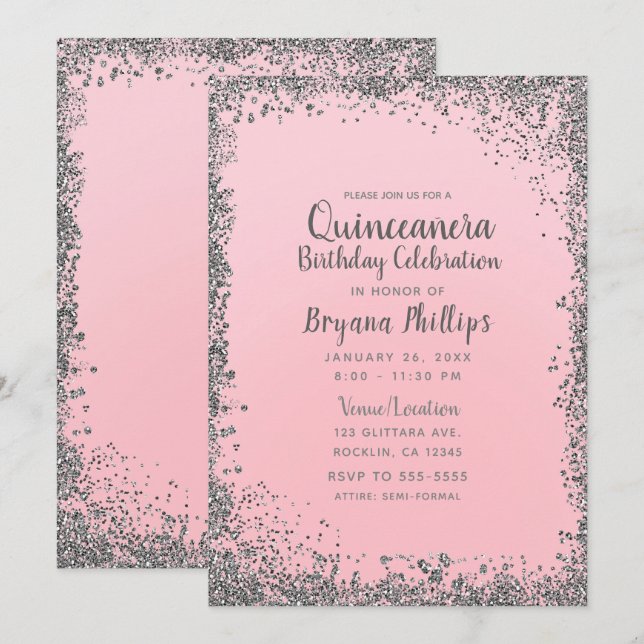 Rosa och silver glitter krona Quinceañera 15 Inbjudningar (Fram/baksida)