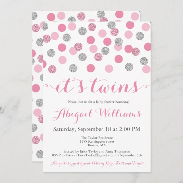 Rosa och Silver Glitter Twillingar Baby Shower Inb Inbjudningar (Fram/baksida)