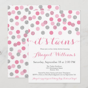 Rosa och Silver Glitter Twillingar Baby Shower Inb Inbjudningar
