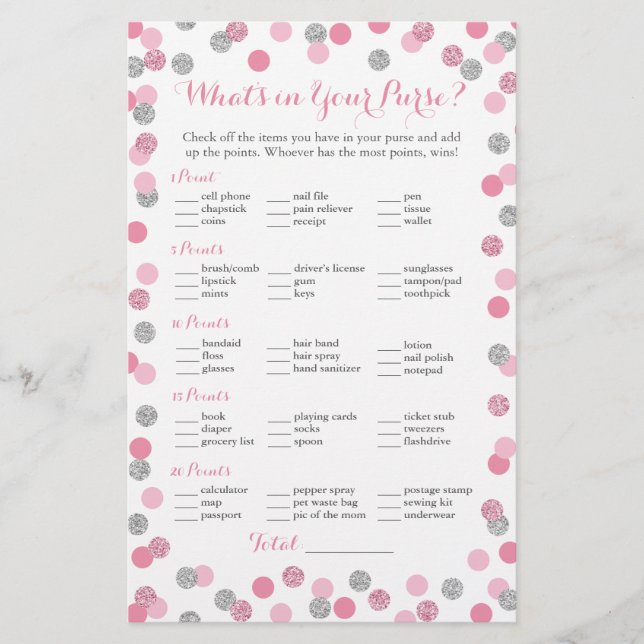 Rosa och Silver Glitter What's in Your Purse Game (Framsida)
